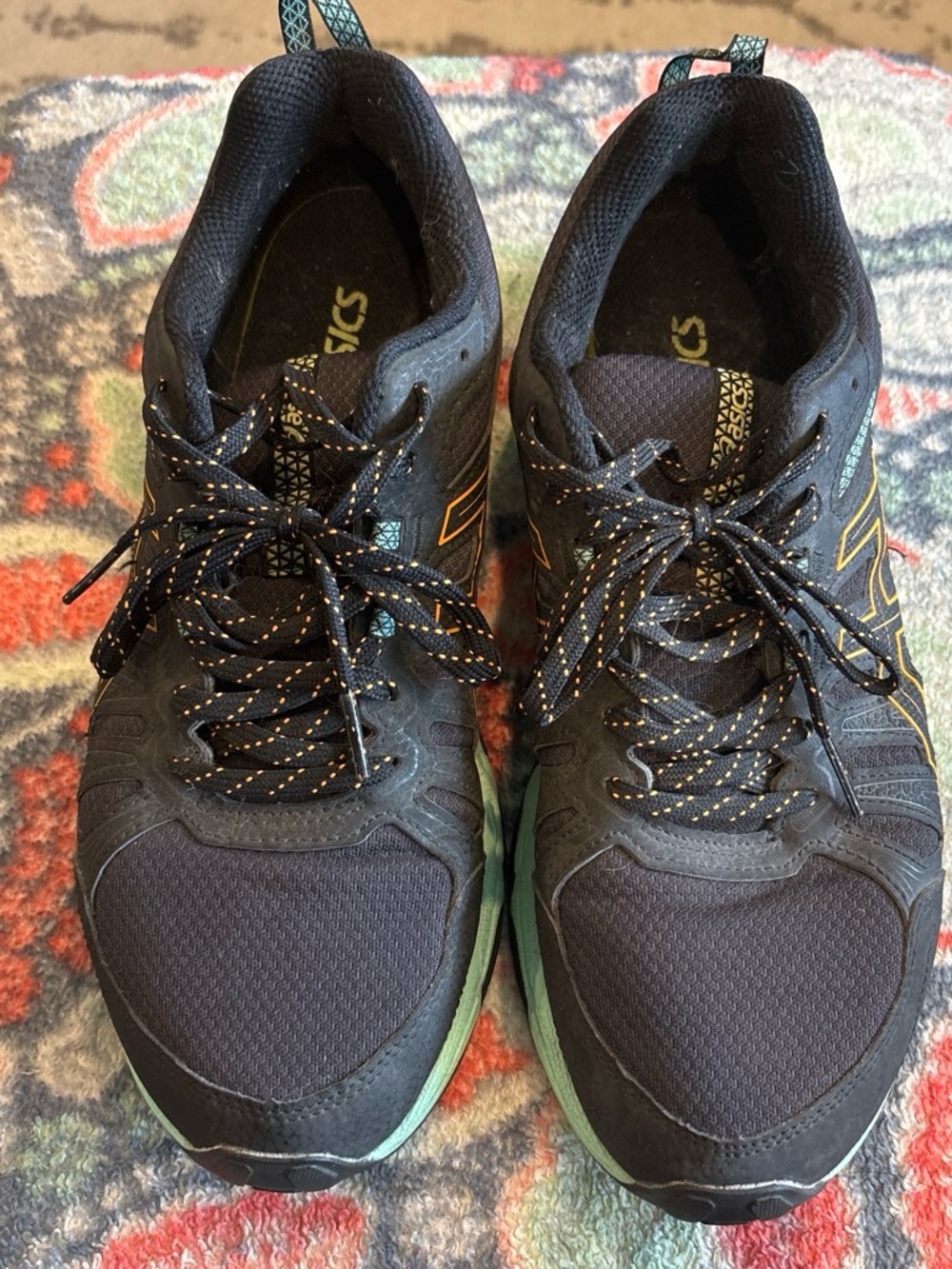 Asics Black Athletic Shoes with Teal Midsole and Orange Accents